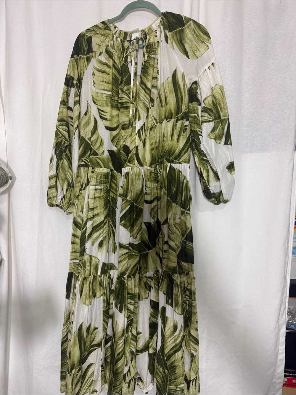 H&M White Maxi Dress with Green Leaf Print